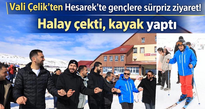 Vali Çelik’ten Hesarek’te gençlere sürpriz ziyaret: Halay çekti, kayak yaptı